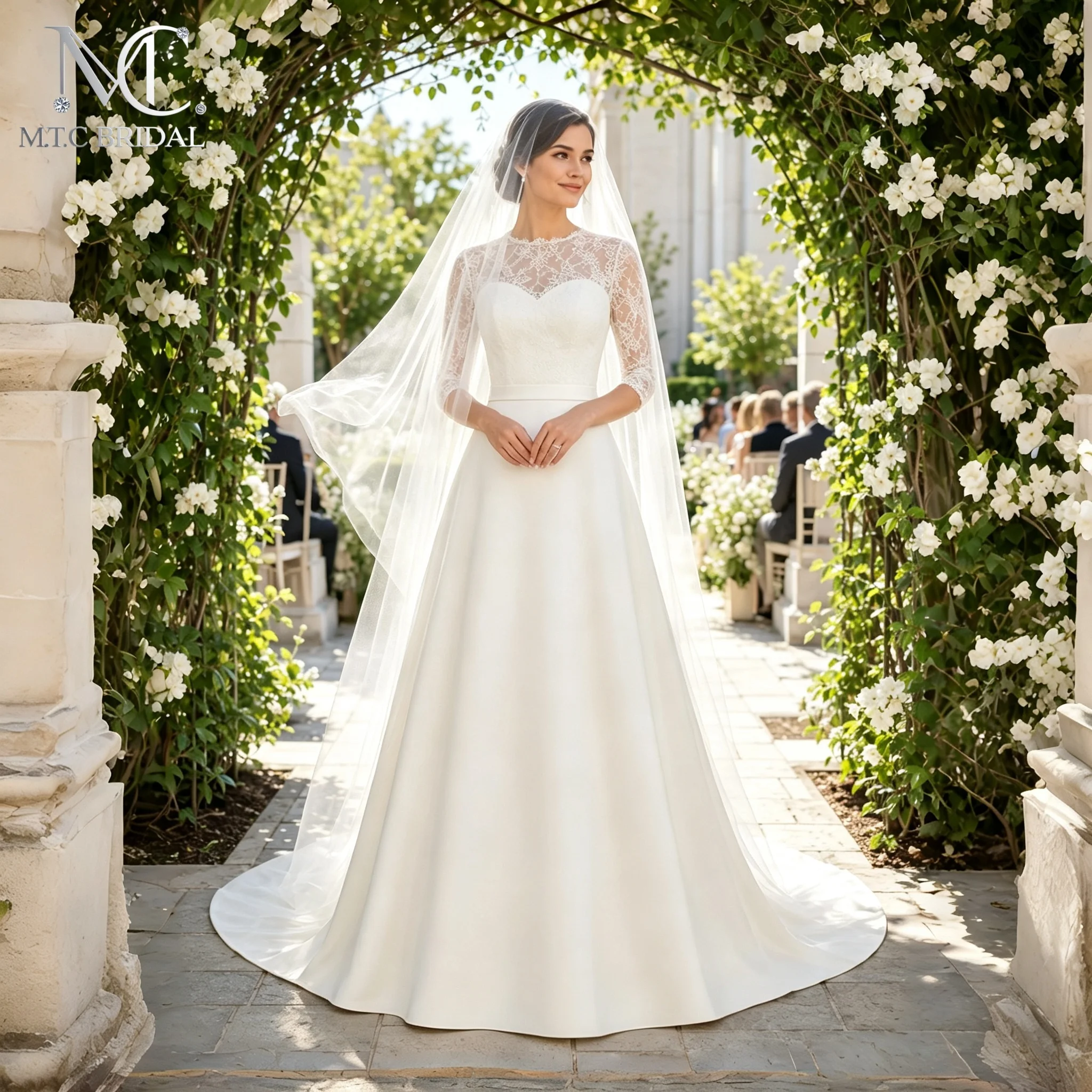 Elegant Satin A‑Line Wedding Dress Illusion High Neck 3/4 Lace Sleeves Bridal Gown With Train Vestido De Noiva Plus Size