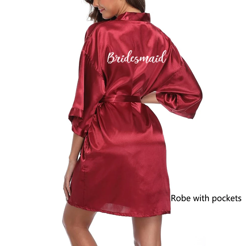 Bata de satén tipo kimono para fiesta de bodas, pijama para damas de honor con letras blancas YE8171