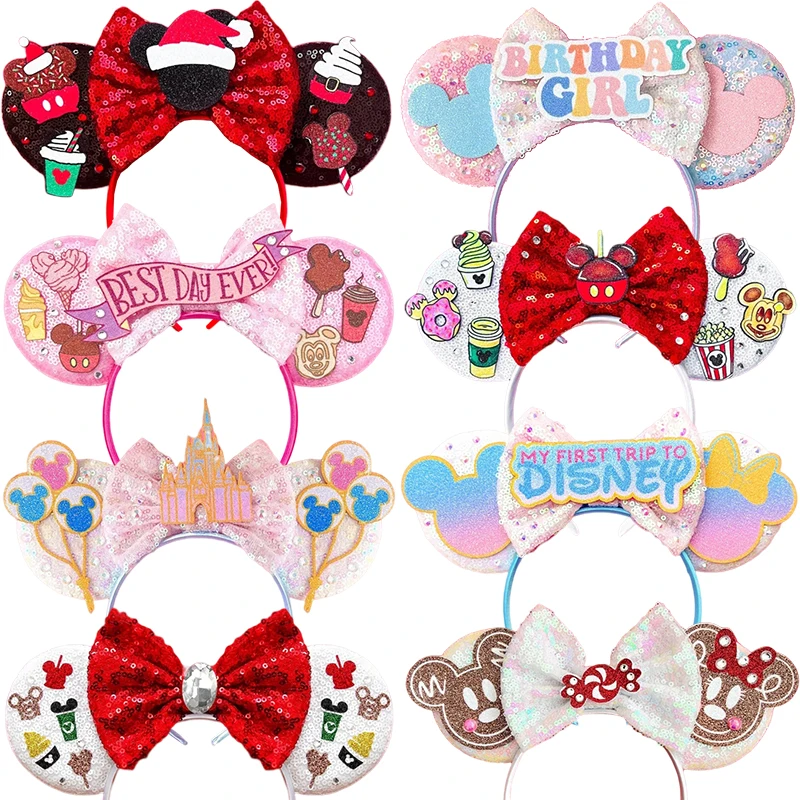 

Disney Minnie Mouse Ears Headband Girl Sequins Bow Disneyland Hairbands Women Birthday Party Hair Accessories Kids Festival Gift