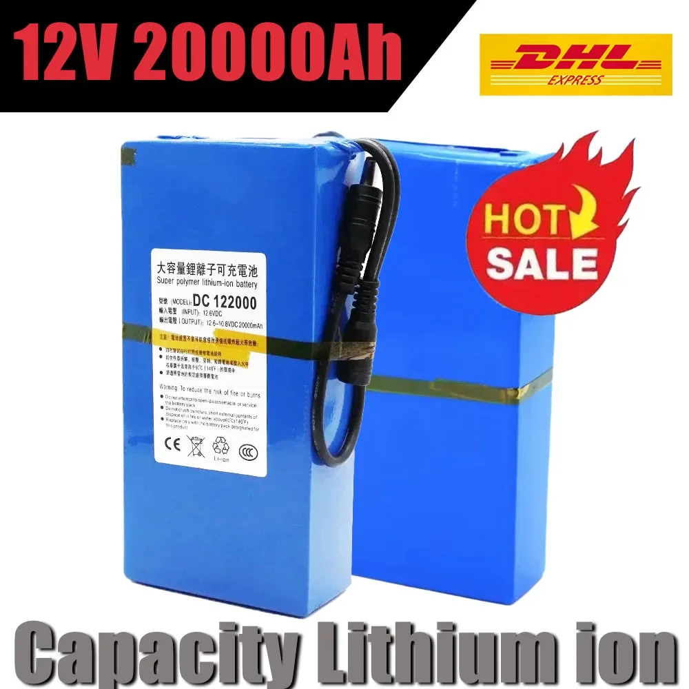 Batteria al litio nuovissima da 12 V 20000 Ah con caricatore di alimentazione CA, batteria ricaricabile con spina UE/USA adatta per trasmettitore