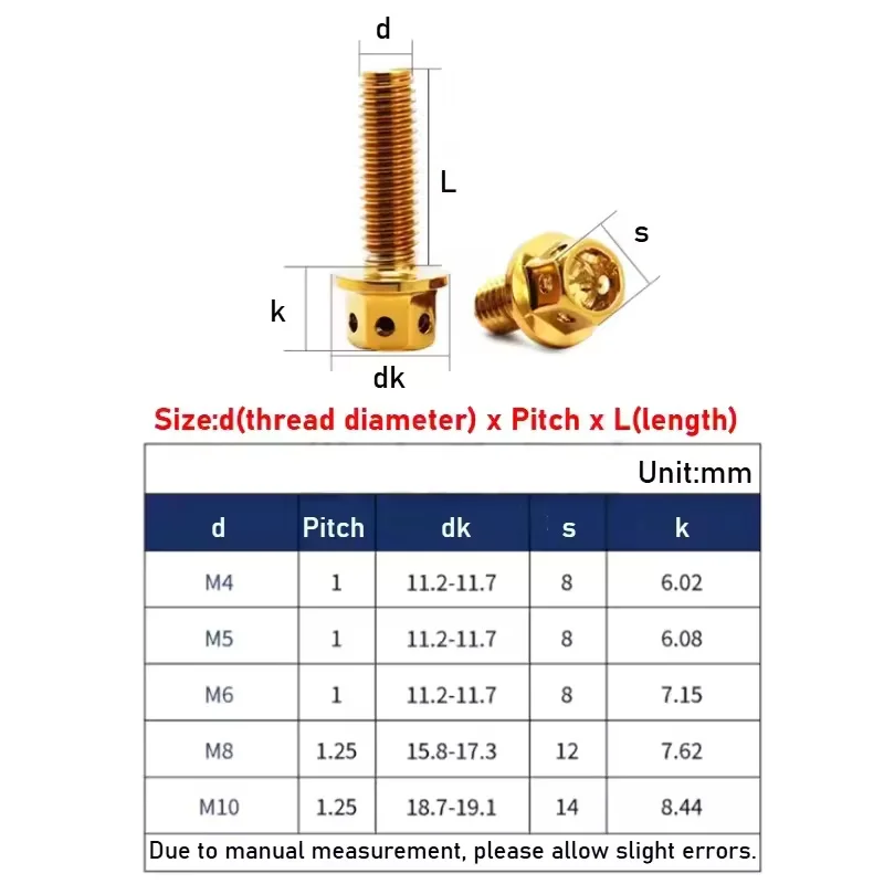 304 Stainless Steel M4 ~ M10 Titanium Plated Flange Screw Inner and Outer Hexagon Motorcycle Repair Screw Length 12~60mm