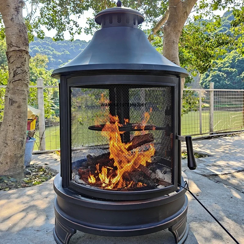 Portable Fire Pit with Protective Mesh Steel Chimney and Poker Attachment, Suitable for Garden Parties Camping Fire Pits