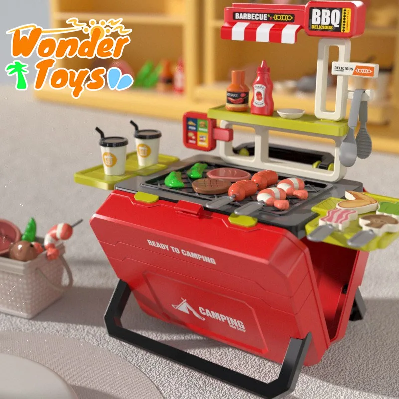 

Barbecue Trolley Children's Kitchen Play Set Tableware Bbq Miniature Things Food Candy Suitcase Role-Playing Toys for Girls Kids