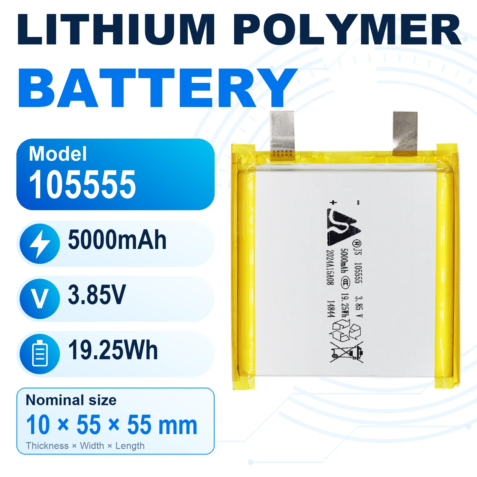 105555 3.85V 5000mAh Rechargeable LiPo Battery 10x55x55mm Lithium Polymer Pouch Cell with Flat Metal Tabs