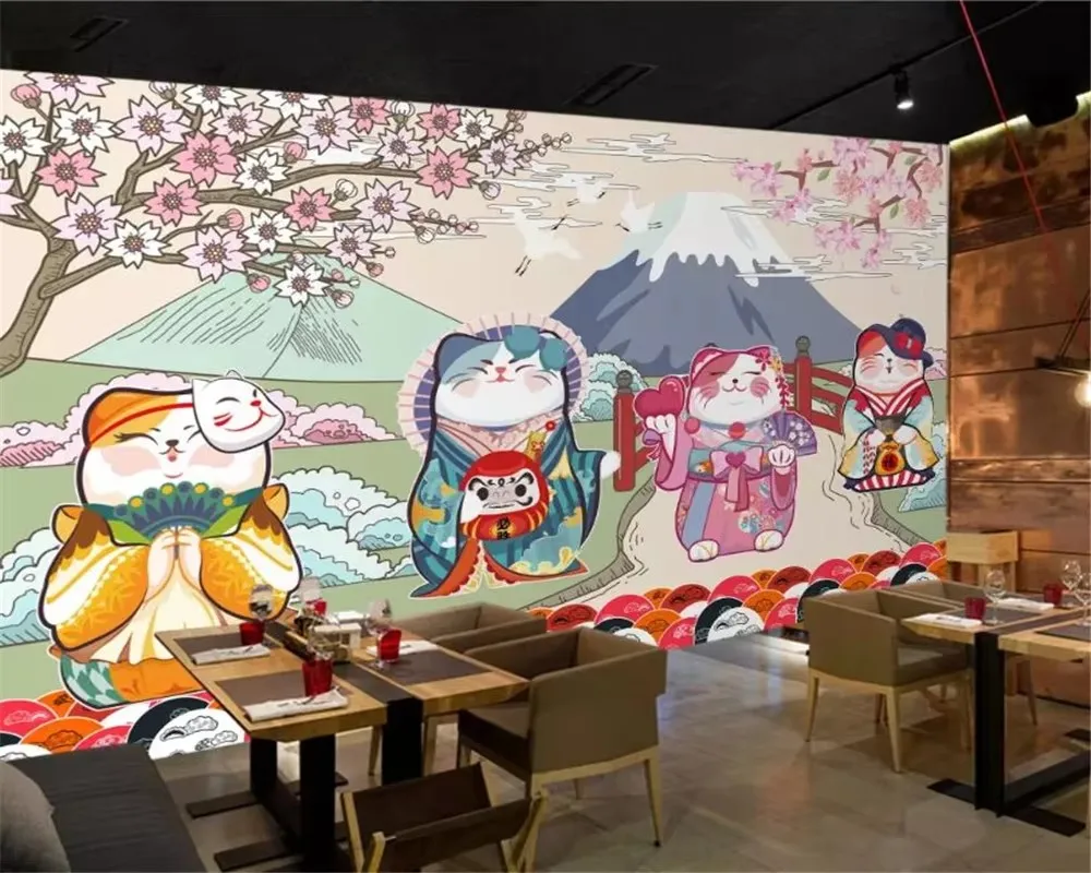 

Personality 3d wallpaper hand-painted Cherry blossoms Snow mountain Japanese sushi restaurant background wall paper 3d