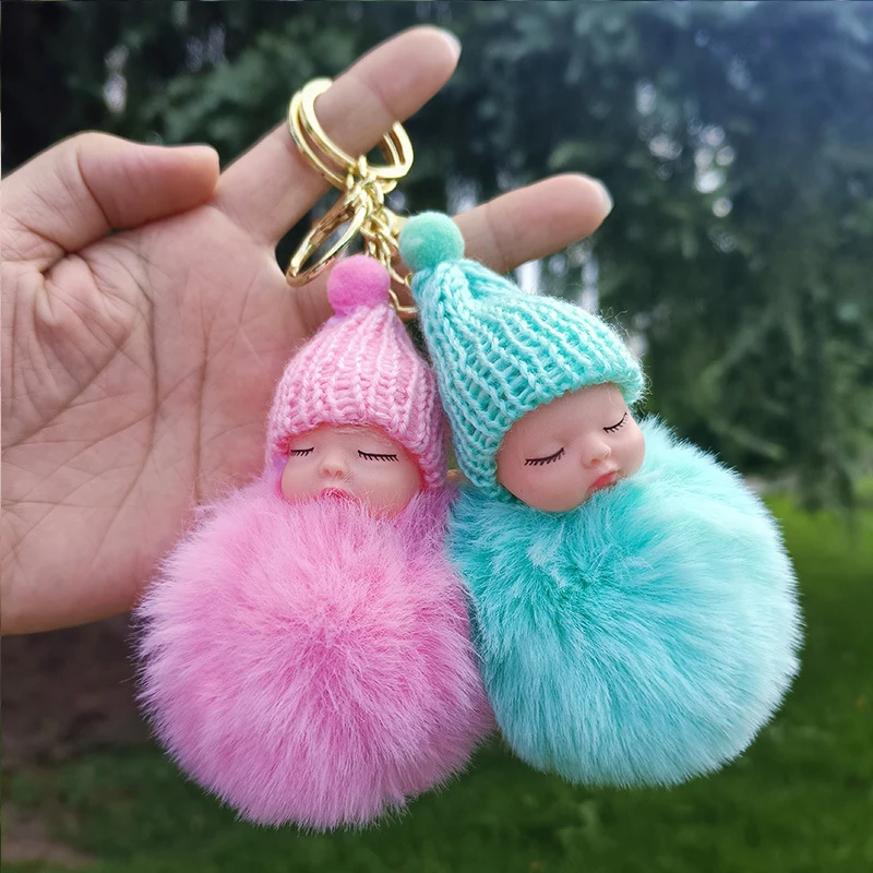 50Pcs Doll Pom Pom Keychain Cute Fluffy Sleeping Baby Doll Keychain Pompom Car Keyring Wallet Bag Phone Pendant Bag Charm