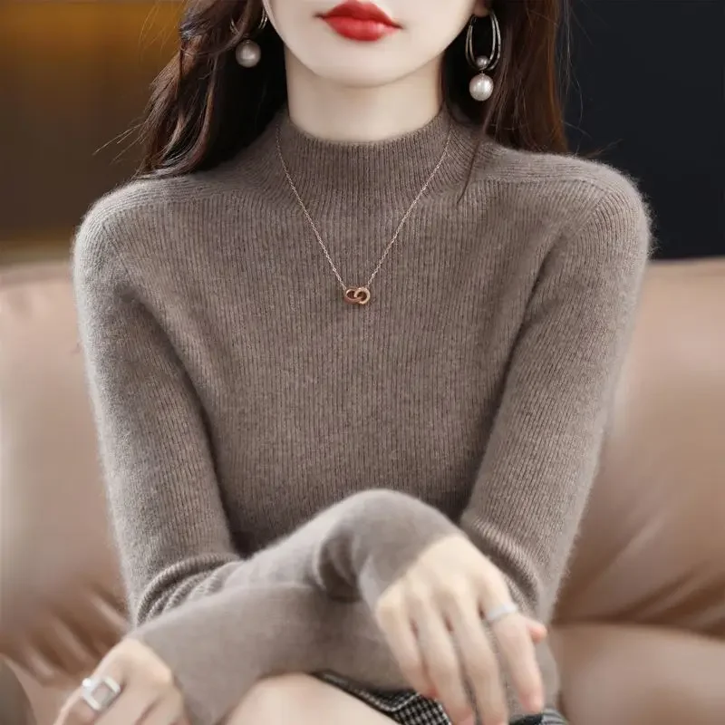 

Women Basic Pullover Sweater Autumn Winter 100% Merino Wool MocK Neck Slim Knitwear Office Lady Grace Clothing Korean Style Tops