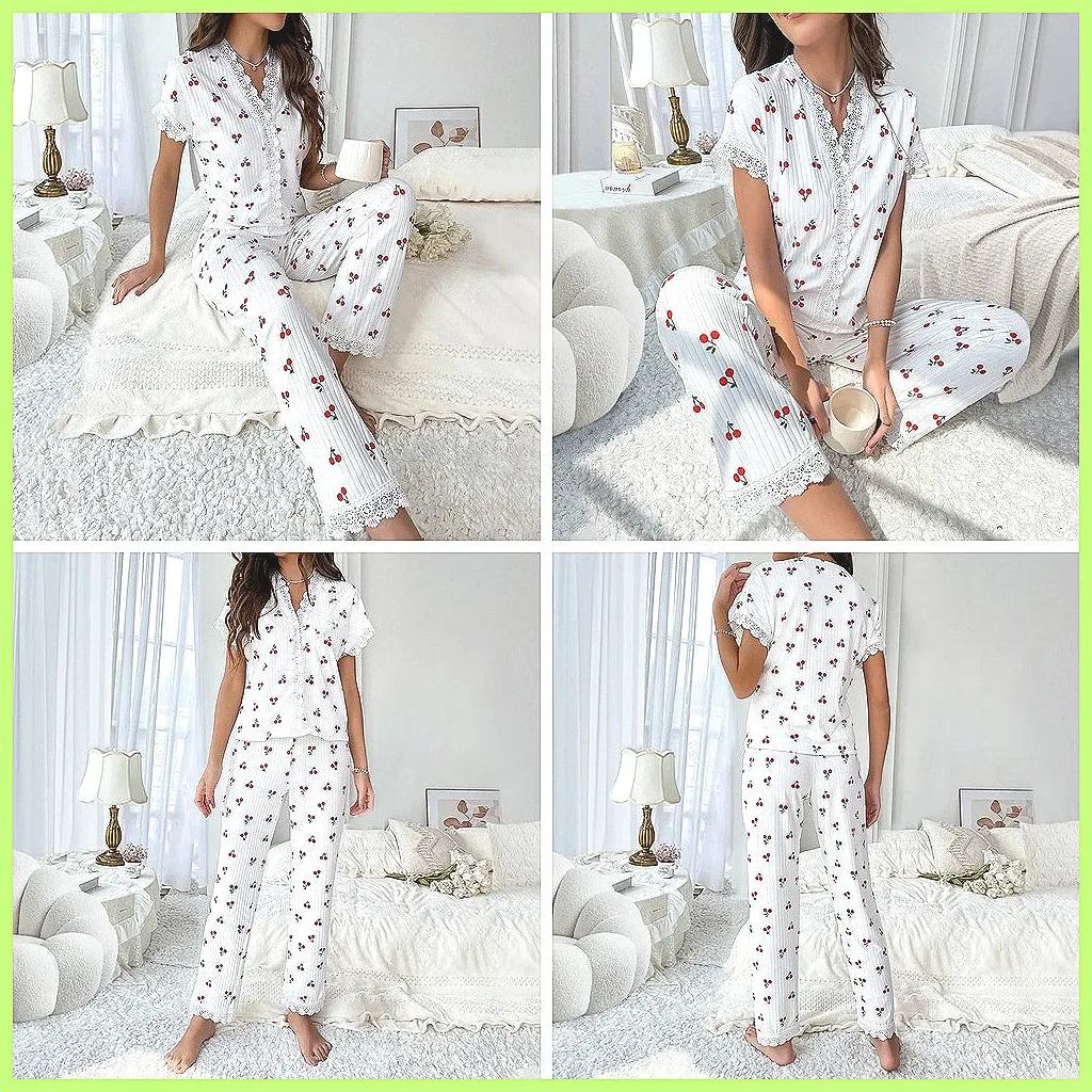 

Женский пижамный комплект с вишнёвым принтом, топ с короткими рукавами и V-образным вырезом и брюки, удобная ночная одежда, домашняя одежда