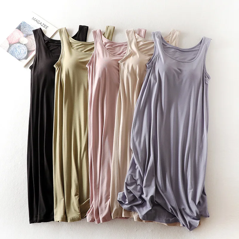 Women Solid Colour Slip Nightdress Chest Pad Pajamas Nightwear Dress Loose Nighties Ladies Vest Nightgown Summer Cool Nightshirt