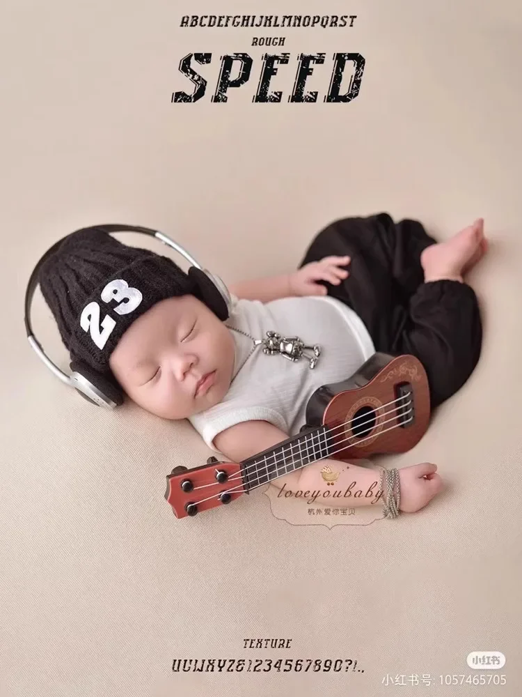 Newborn Photography Props Boy Outfit Rock Clothes Hat Necklace Earphone Guitar Backdrop Baby Photo Shoot Costumes Accessories