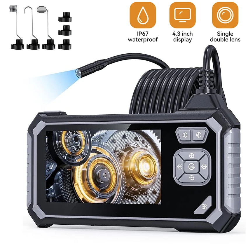 Câmera impermeável endoscópio Single & Dual, Borescope inspeção do carro, IP67 impermeável, HD1080P, 8mm Video Pipe Sewer Camera for Automotive, 4,3\