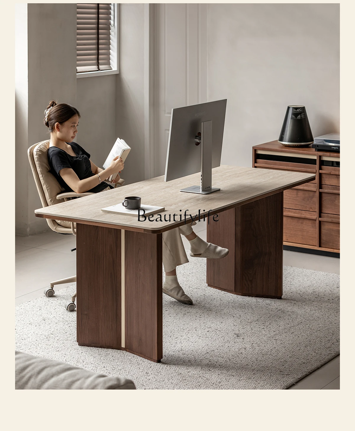 

Travertine rock slab dining table solid wood small apartment retro thickened North American black walnut desk