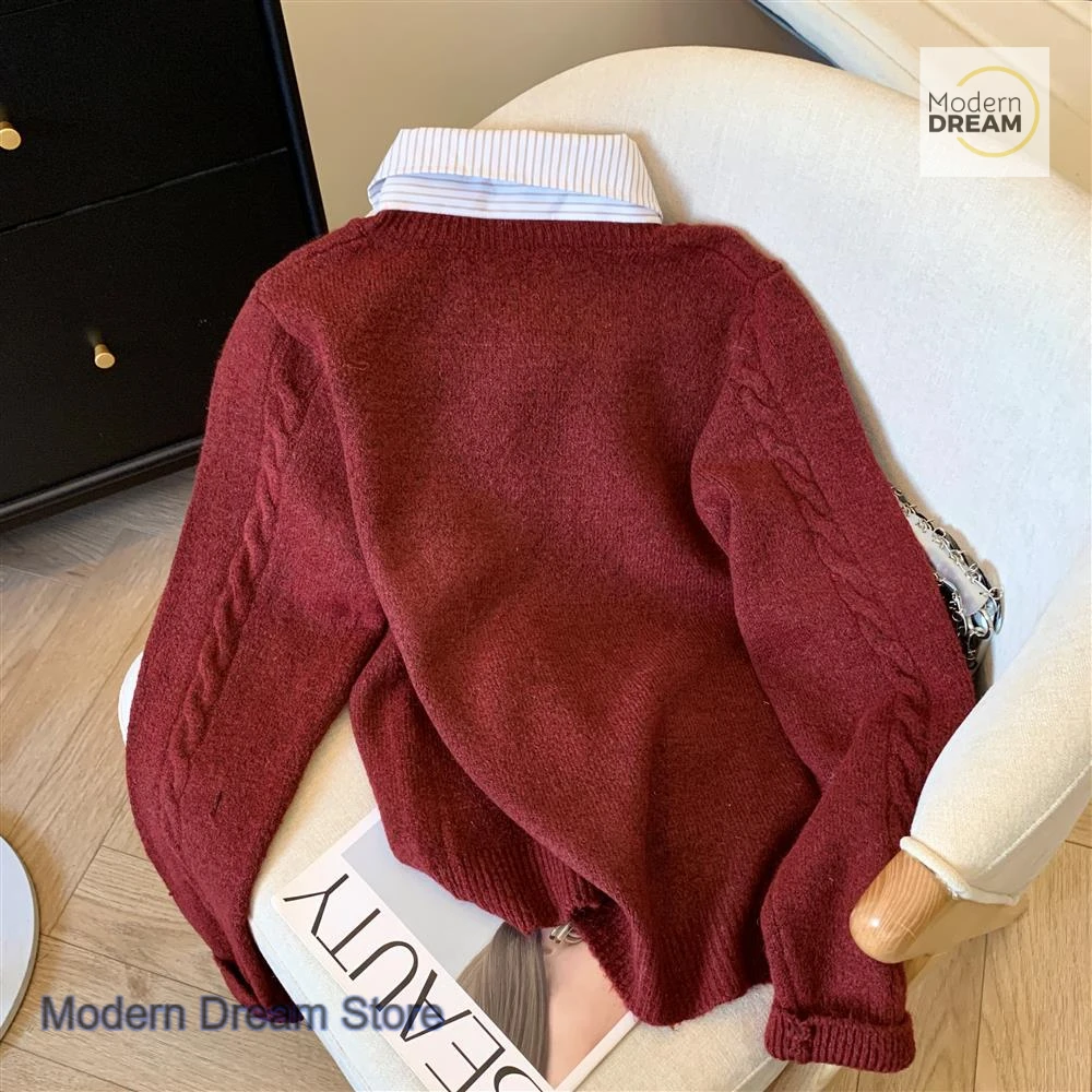 النمط الفرنسي مزاجه وهمية قطعتين قميص طوق سترة معطف المرأة الخريف والشتاء نمط الكلية الجديدة سترة متماسكة