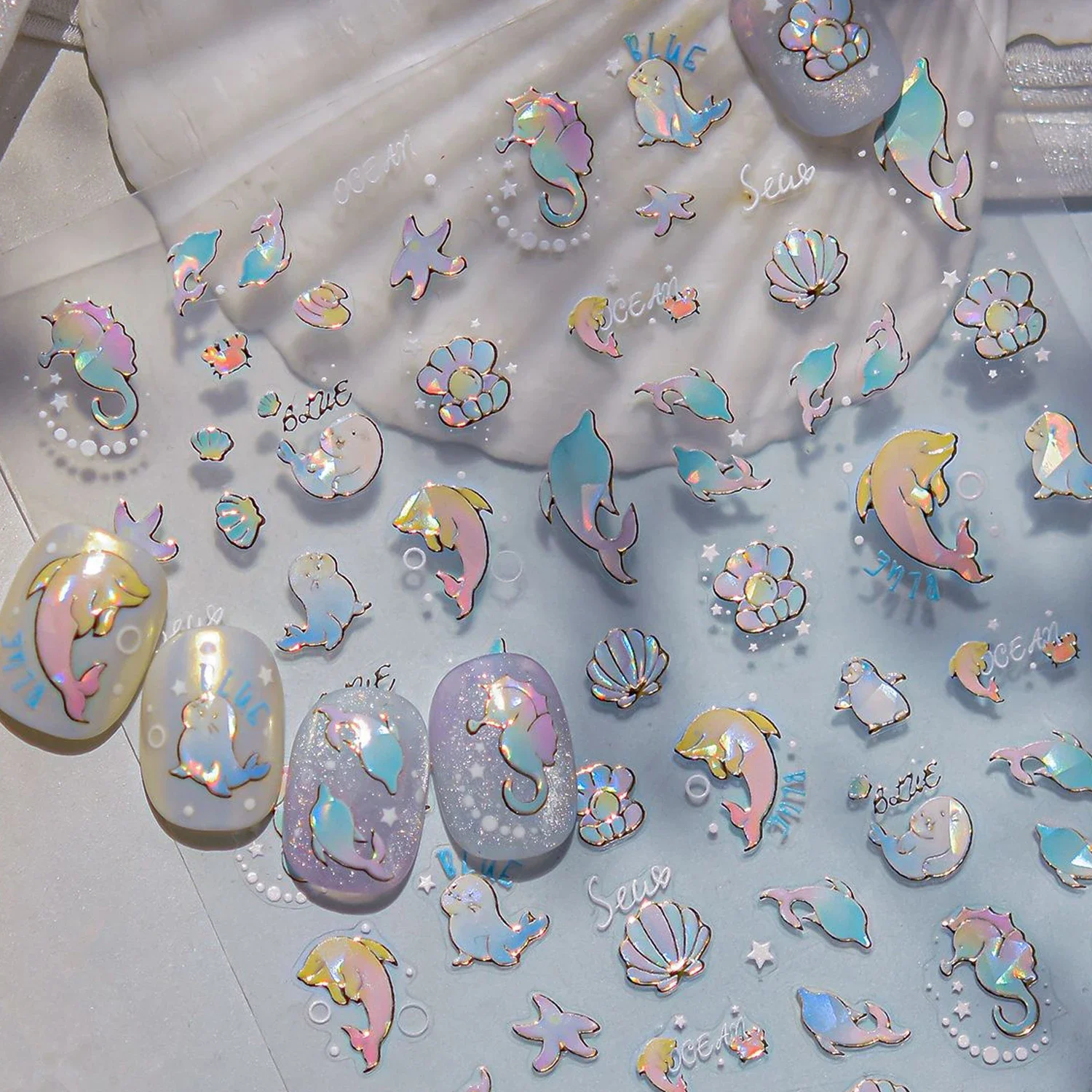 Shiny Gold Shell ปลาดาว Conch Whale Sea Star Scallop Coral 5D Bowknot กาวสติกเกอร์เล็บฤดูร้อนชายหาดเล็บ Decal