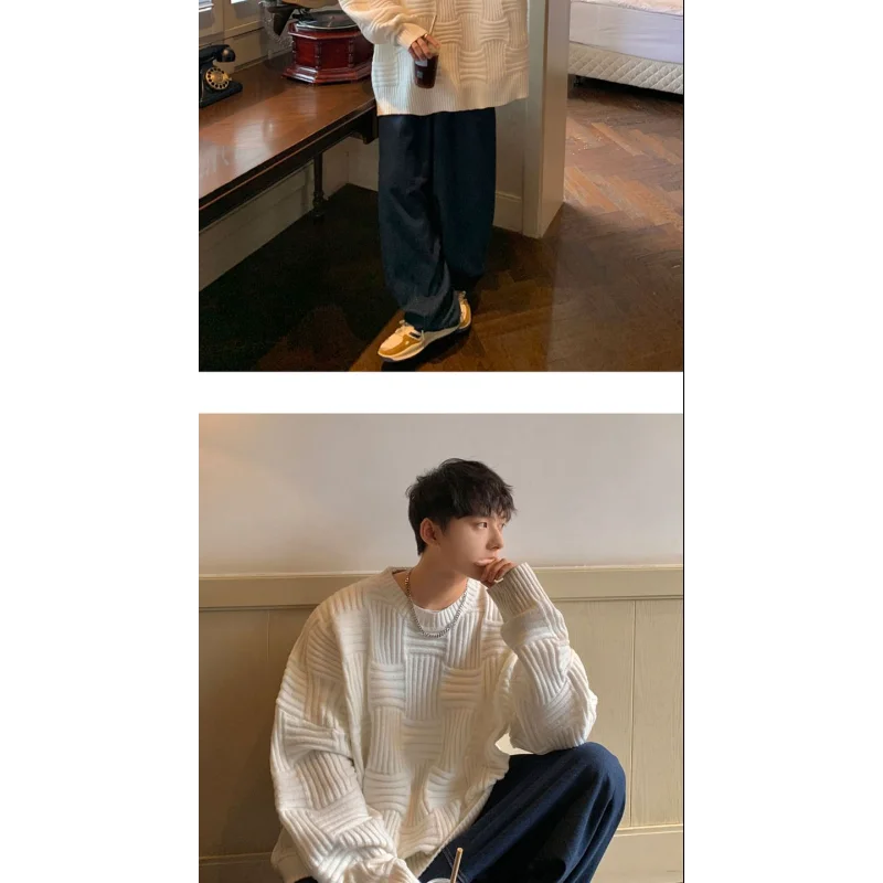 Suéter masculino com gola redonda, marca da moda, solto, tridimensional, tecido xadrez, vento preguiçoso