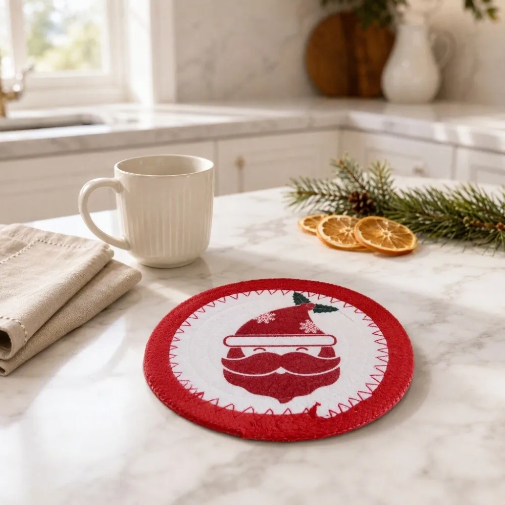 Santa Claus Trivet Christmas Cup Mat Woven Cotton Rope Heat Resistant Pot Table Mat Round Handmade Insulated Mat Holiday