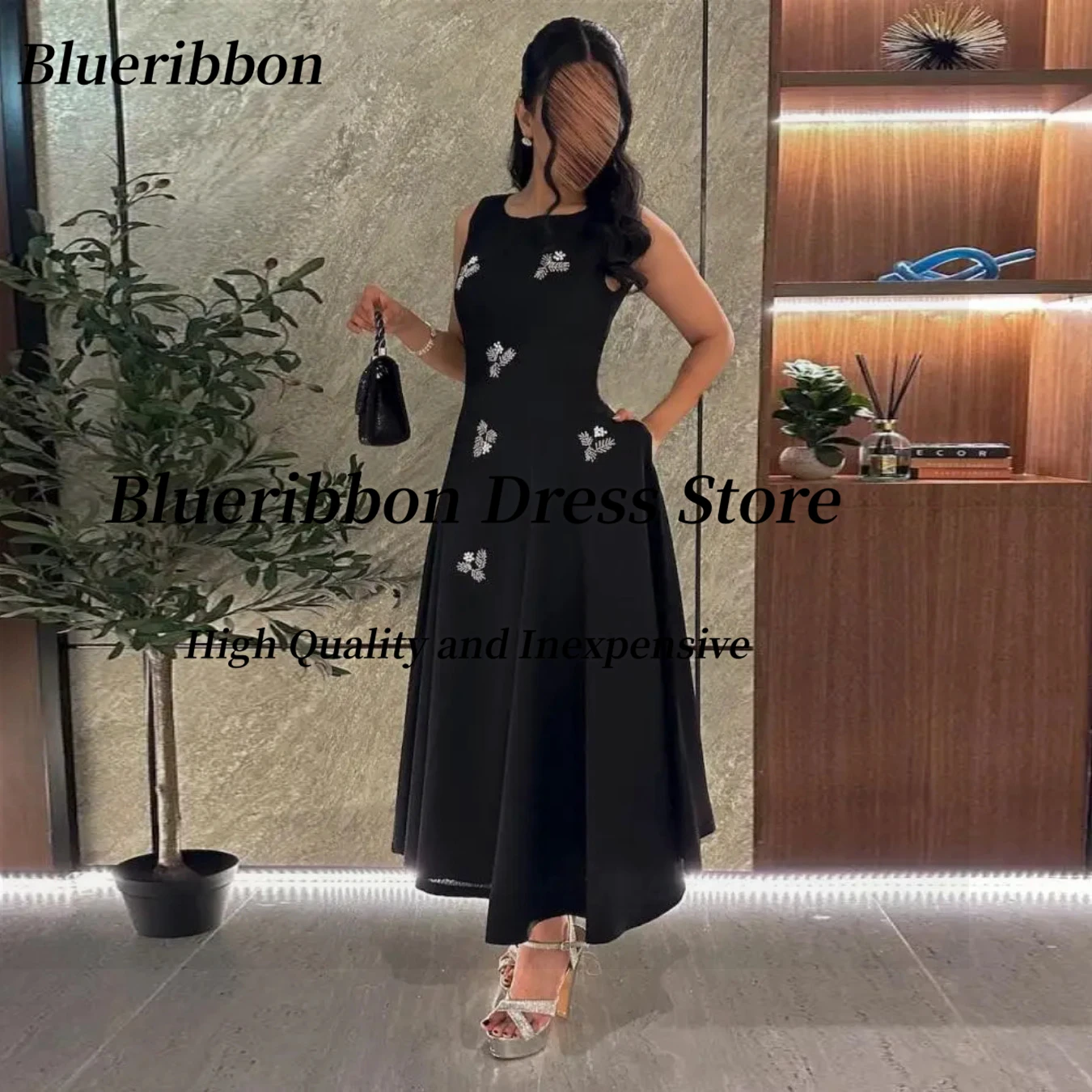 

Blueribbon Black Satin Prom Dresses Handmade Beading Cocktail Party Dress Lace Up Zipper Back Homecoming Gowns Customized