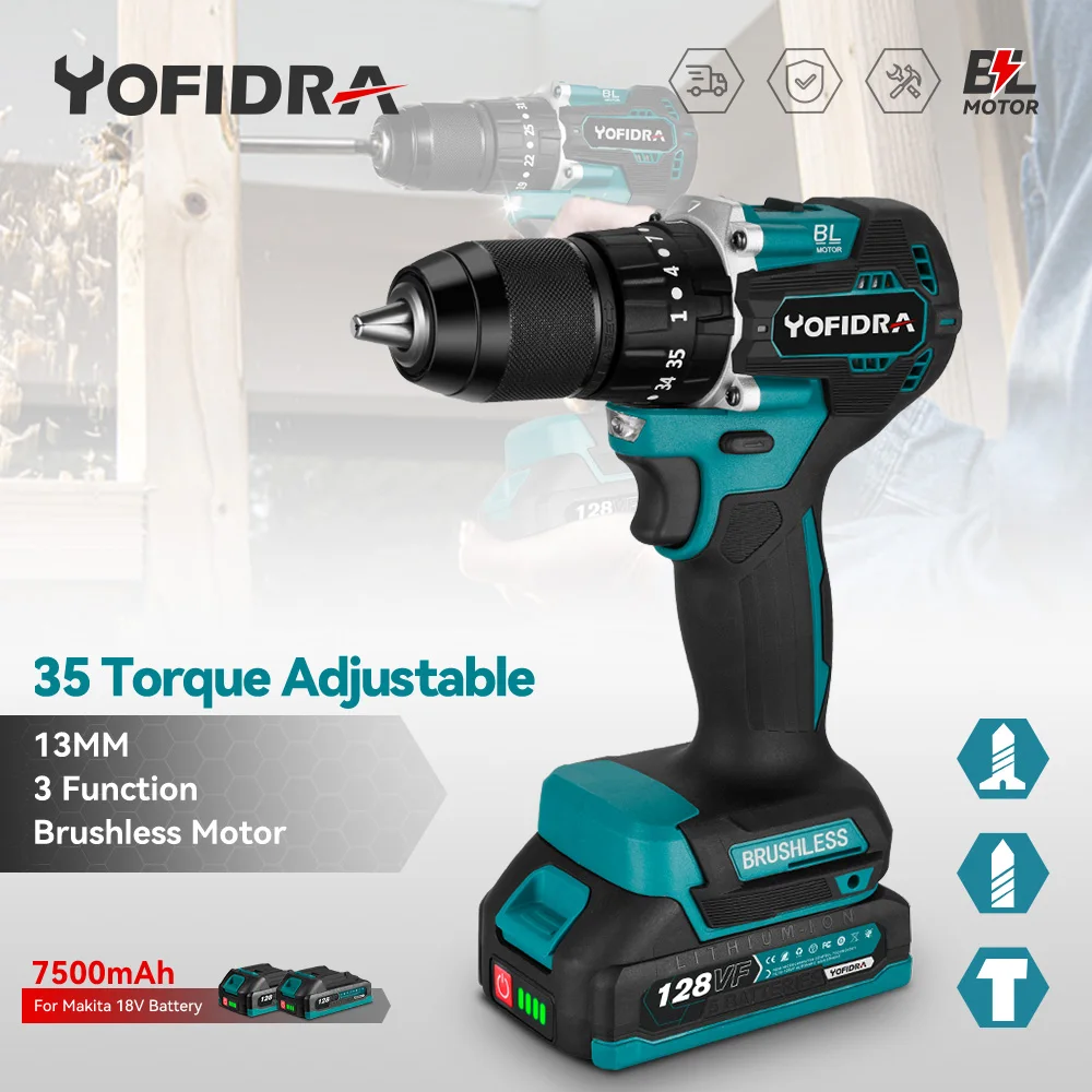 YOFIDRA 35+3 Torque Brushless Electric Impact Drill 13MM Multifunction Electric Screwdriver Power Tools For Makita 18V Batter