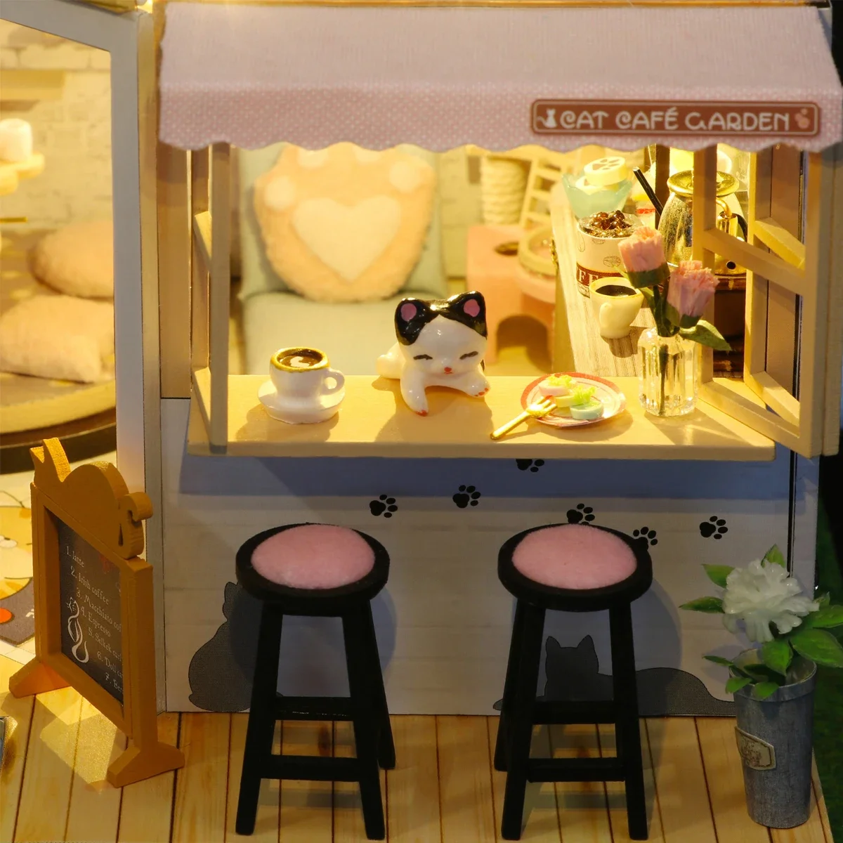 Doll House Cat Cafe DIY Small Kit Making Room Toys Home Bedroom Decoration with Furniture Wooden Accessories Girlfriend Gifts