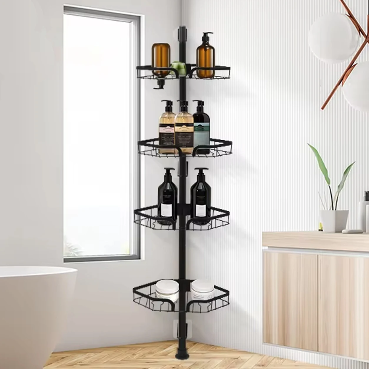 Portaoggetti da doccia angolare telescopico a 4 livelli, regolabile, senza necessità di foratura, scaffale per bagno, organizer salvaspazio, supporto per lo shampoo.