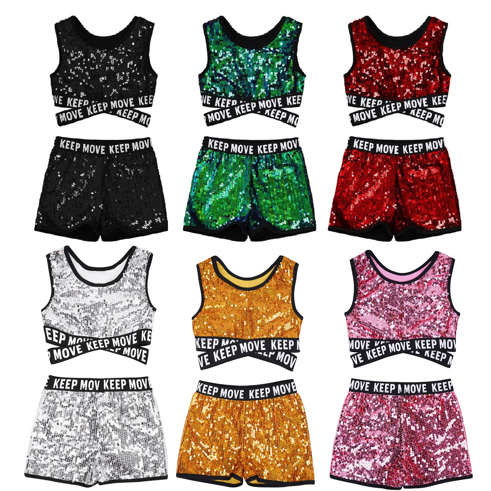 Kids Girls Sparkling Sequins Dance Suits Sleeveless Criss Cross Straps Crop Top with Shorts Stage Performance Dancewear