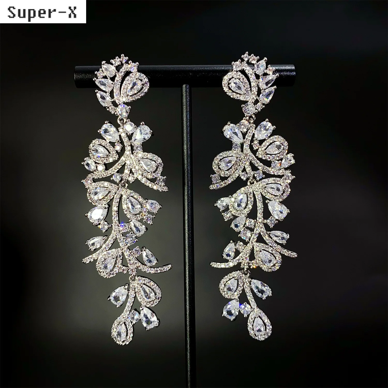 

wedding dinner party luxury earrings bride shiny silver color white pink zirconia long large leaf plant dangling earrings women