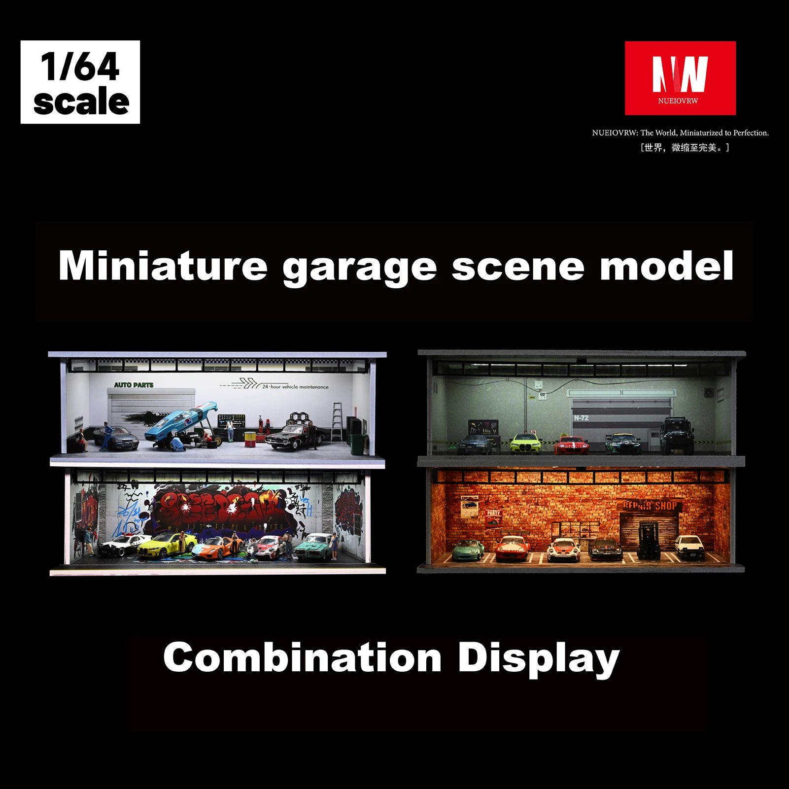 

1: 64 Diorama Original Car Parking Lot Model LED Illumination Vintage Red Brick Car Garage Display Scene Model Toys