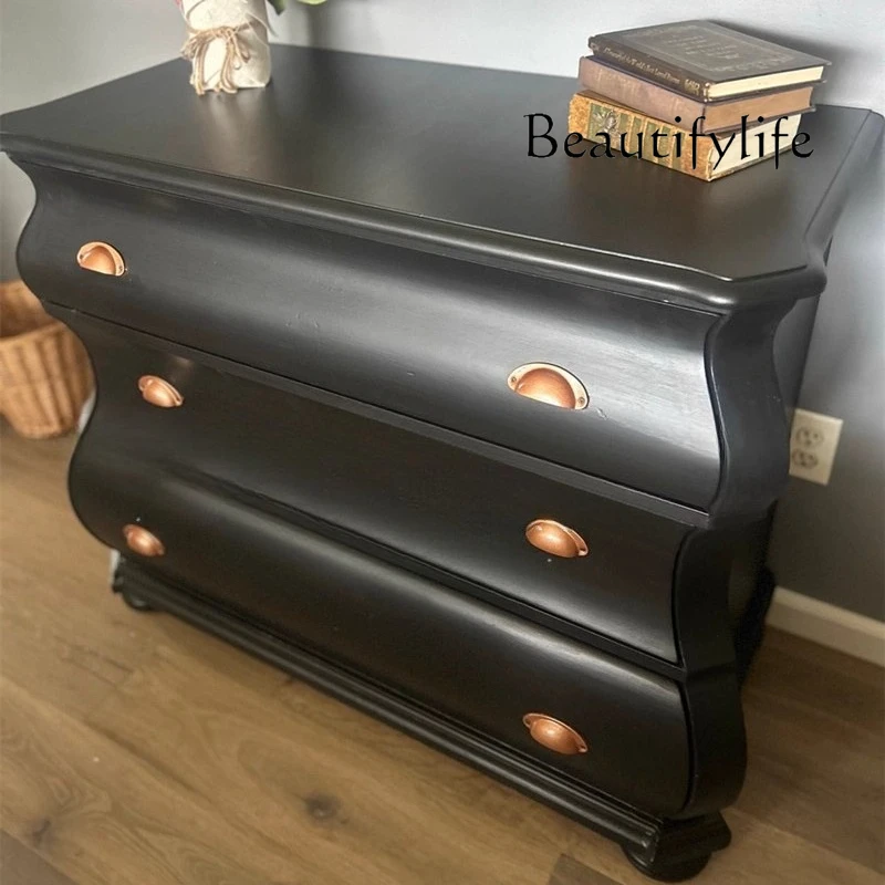American country solid wood retro bedroom three-bucket cabinet, French black villa living room storage cabinet simple locker