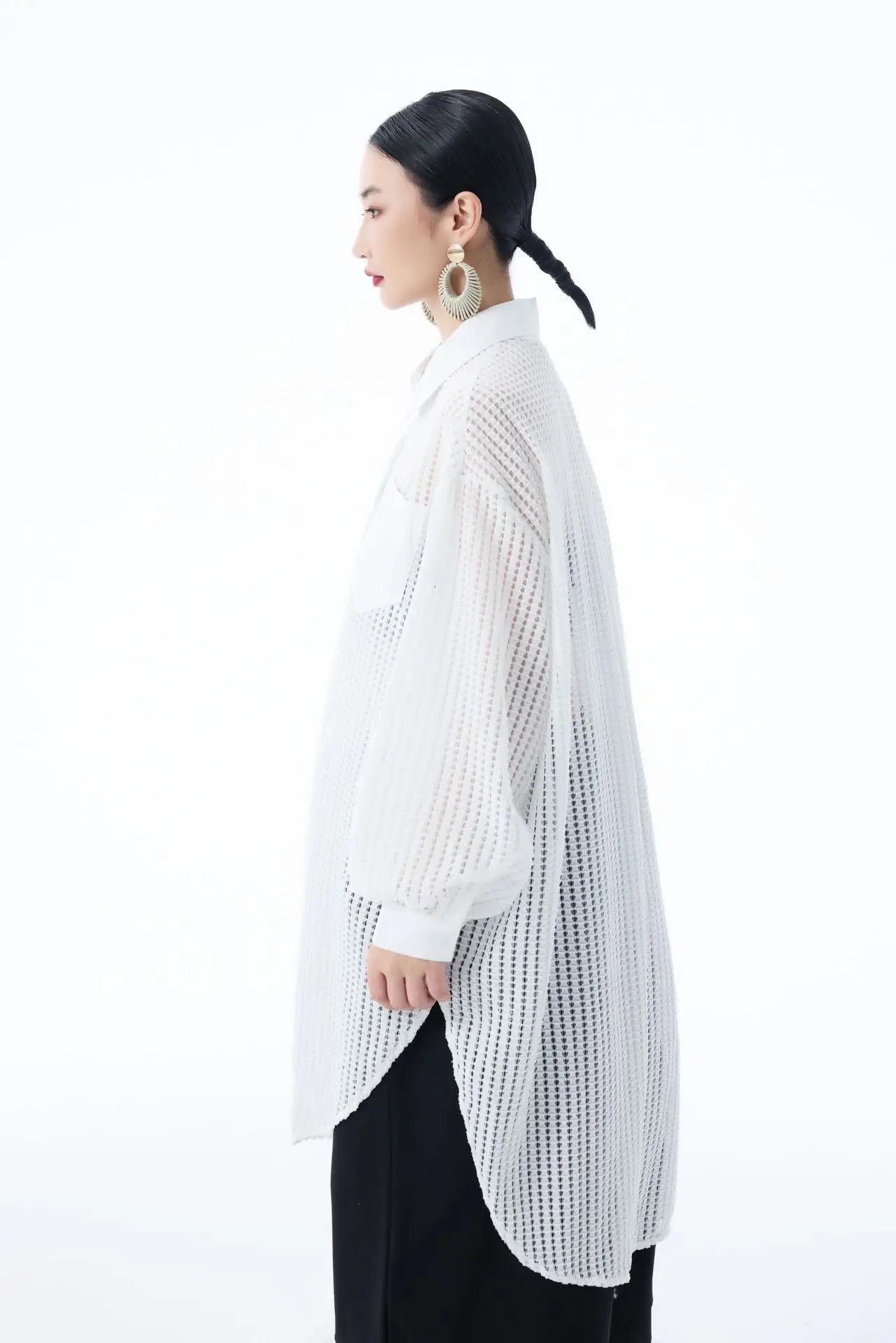 Zomerjurk voor dames, losse damesjurk met mesh-splicing, gepersonaliseerd lang shirt, Koreaanse stijl 2025