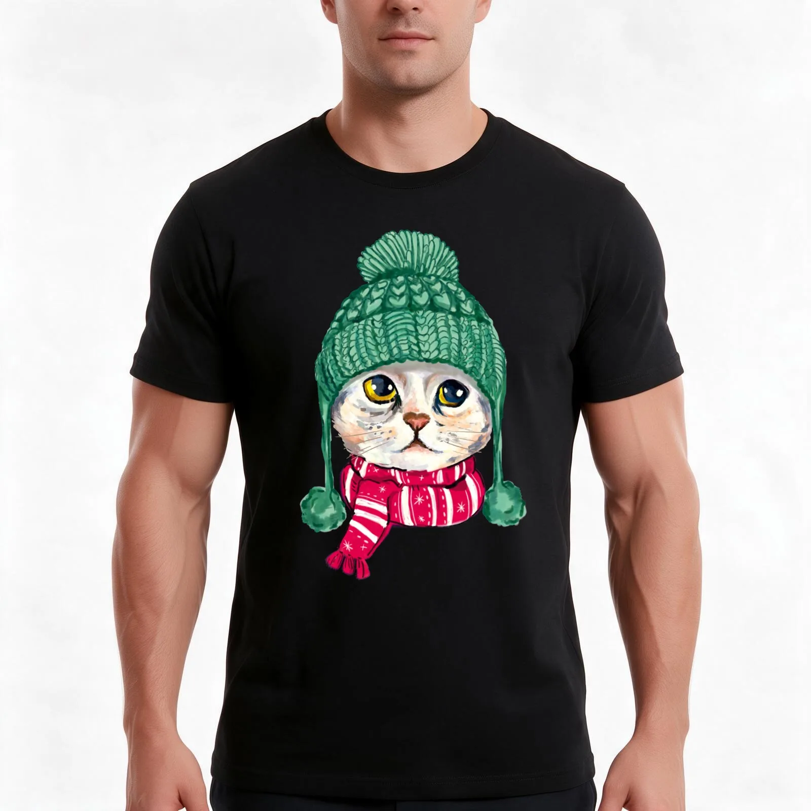 Cat Wearing Beanie And Scarf T-Shirt Summer Casual Cotton Tee Oversized Streetwear Tops Vintage Graphic Print 100% Cotton