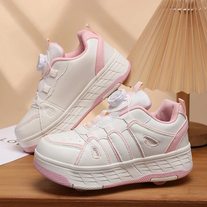 Picture 6: Children 4 Wheels Roller Shoes Rotary Lacing Deformation Skate Sneakers Breathable Casual Skating Shoes Size 29-40