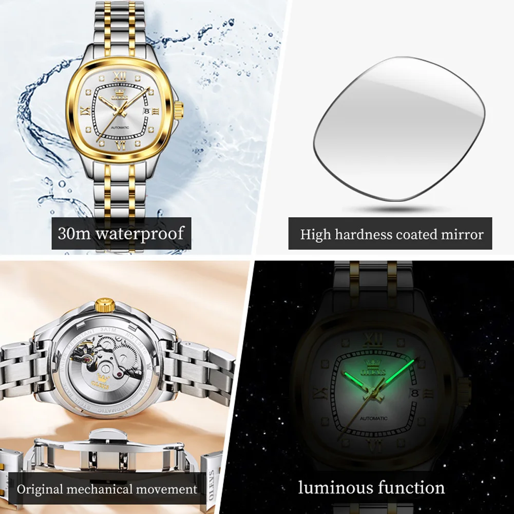 Jam Tangan Pasangan Romantis OLEVS 9810 Tahan Air Otomatis Mekanis untuk Pria dan Wanita dengan Fitur Luminous dan Bahan Stainless Steel