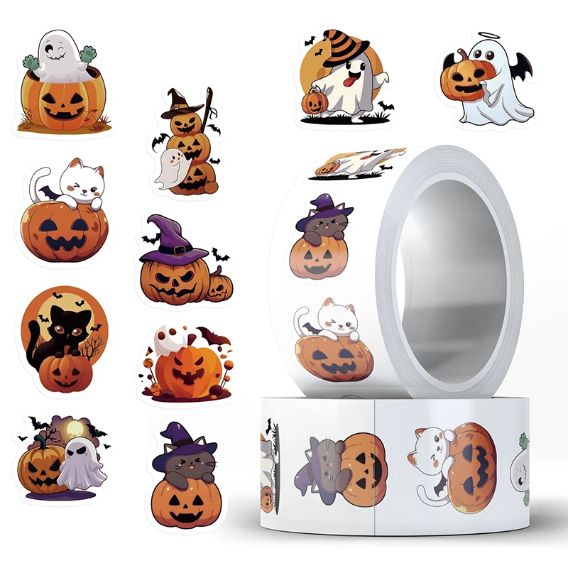 

500PCS Halloween Ghost Pumpkin Graffiti Sticker Cute Small Pattern Roll Sticker DIY Luggage Water Cup Helmet Bicycle GuitarDecal