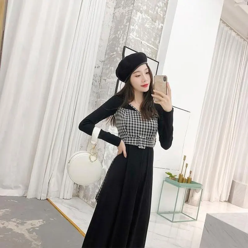 Patchwork V Neck Long Sleeve Fake Two Pieces Dresses Elegant Fashion Harajuku Female Clothes Loose Casual Sweat All Match Skirt