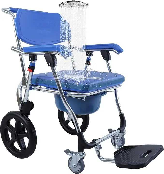 300lbs Capacity Folding Commode Chair, Padded Seat, Waterproof, Rolling Armrests, Backrest, Manual Shower, Medical Devices