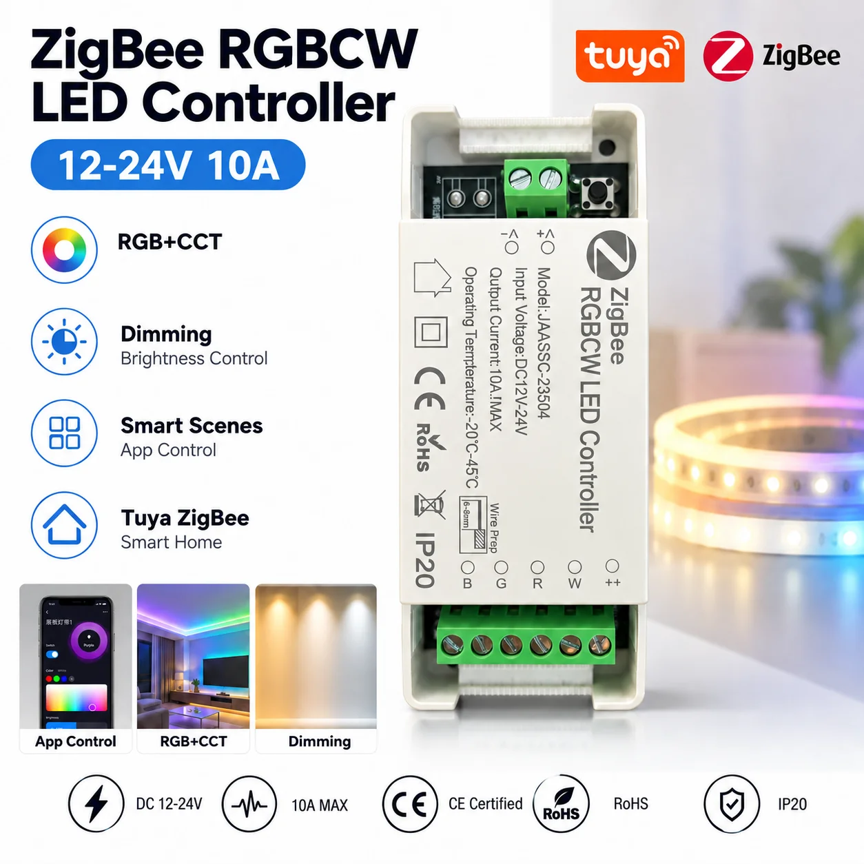 ZigBee RGBCW LED Controller 12-24V 10A Smart Dimmer Driver for RGB+CCT Strip Light CE RoHS