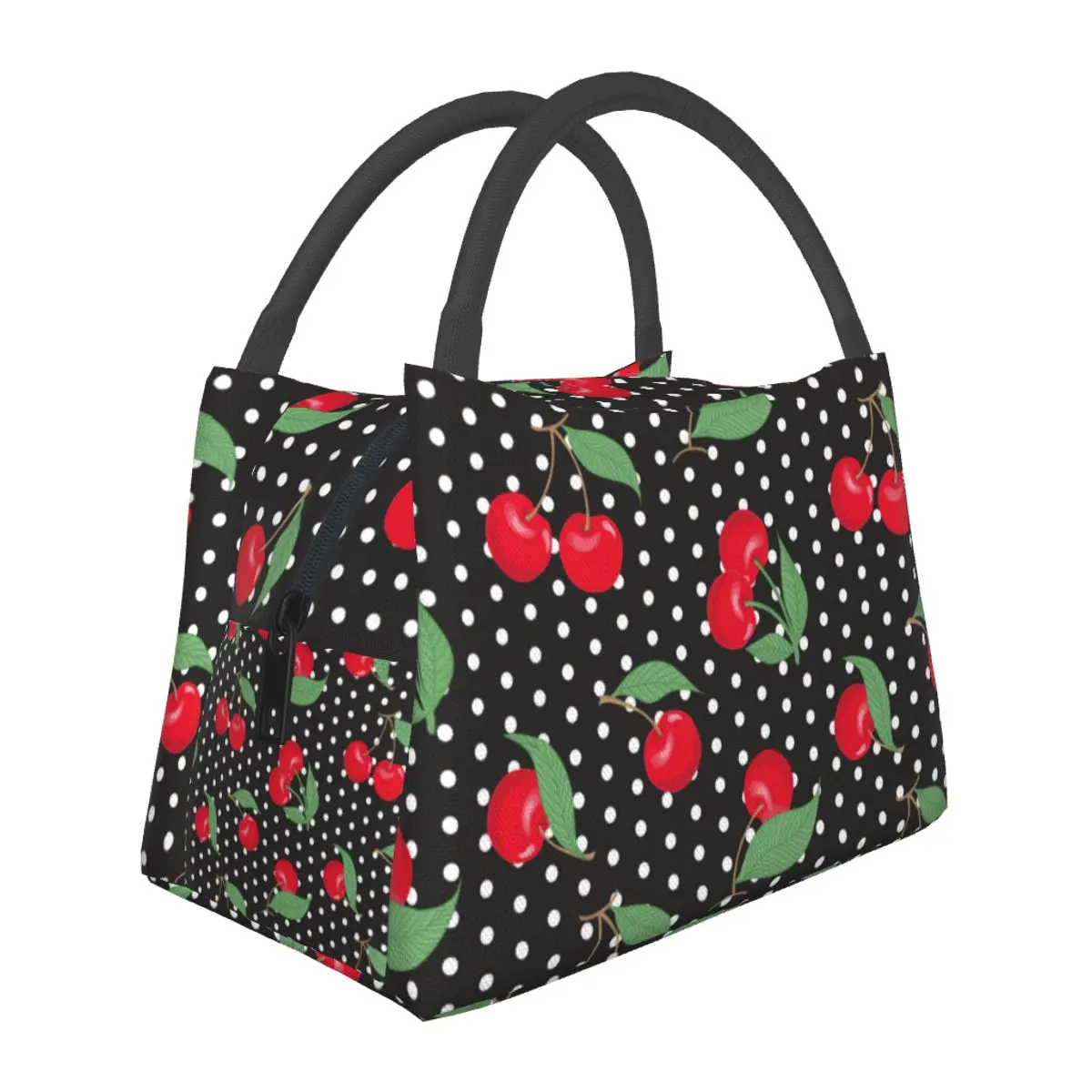 

Red Cherry Fruit Lunch Bag Polka Dots Print Fashion Lunch Box Travel Portable Insulated Cooler Bag Oxford Thermal Tote Handbags