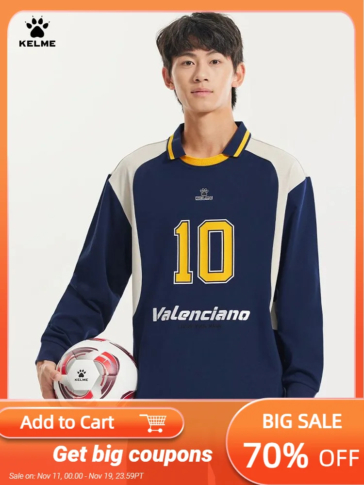 

KELME Retro Soccer Long Sleeve T-Shirt Men's Lapel Sweatshirt Trendy Fashion Sports Pullover Top