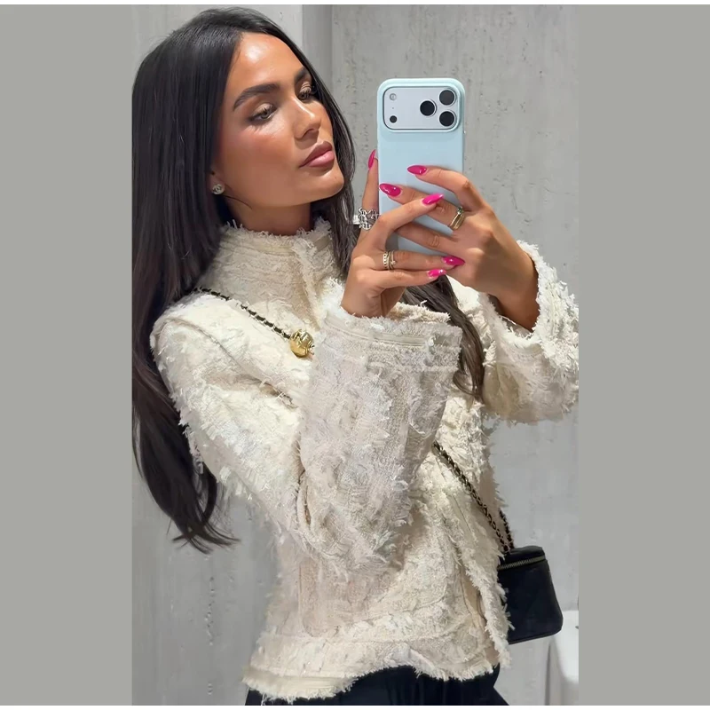 Damenmäntel mit Quasten, Rollkragen, Langarm, Einreihig, Tailliert, Frühlings- und Herbstjacken, Neuer Tweed-Mantel für Damen – Detail 13