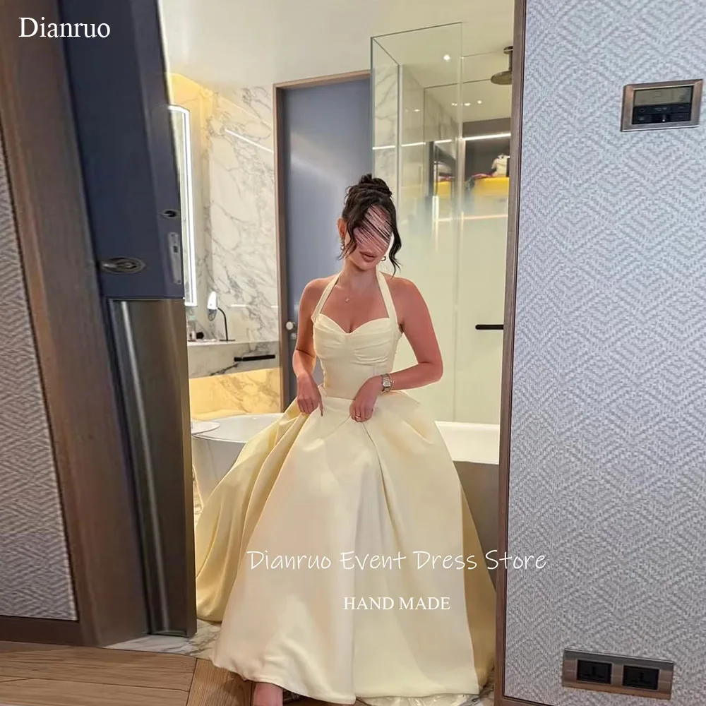 

Dianruo Yellow Vintage Evening Dresses A Line Floor Length Saudi Prom Gown Satin Halter Pleated Vestidos De Festa Customized
