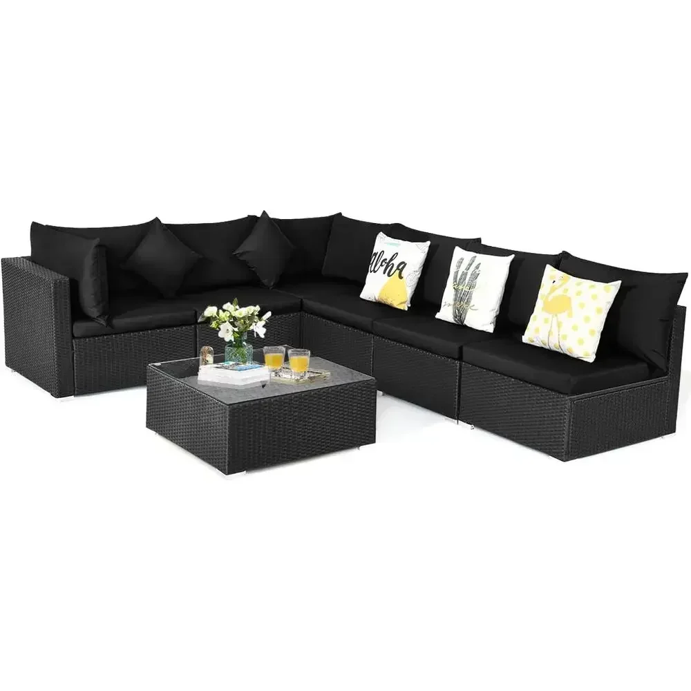 6-Seat Outdoor Wicker Patio Furniture Set with Coffee Table and Cushions, Ideal for Garden, Balcony, or Poolside, Black