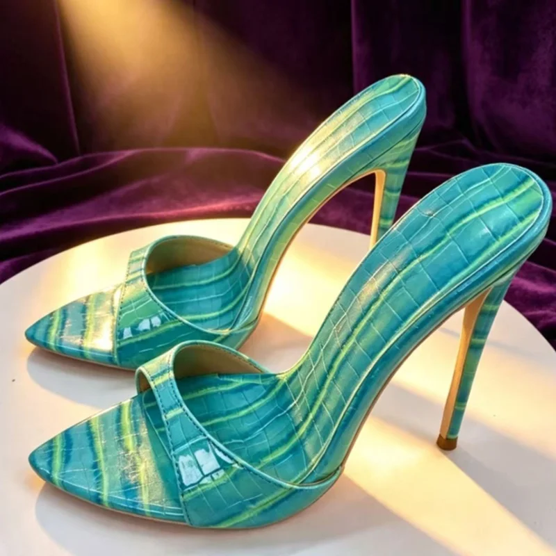 Turquoise Snake Printed Stiletto Mules Pointed Toe Slip On High Heel Sandals Backless Patent Leather Party Dress Shoes