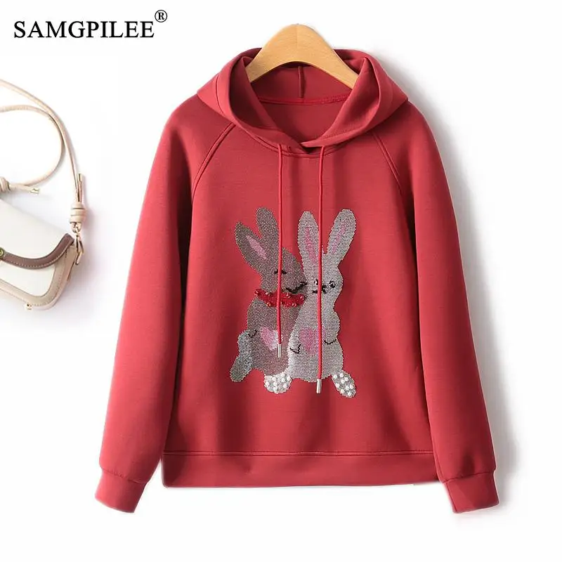 

2023 Autumn Sweet Women Sweatshirts Cartoon Animal Pattern Rhinestone Hooded Shirt Air Cotton Straight Pullover Y2K Tops 4XL