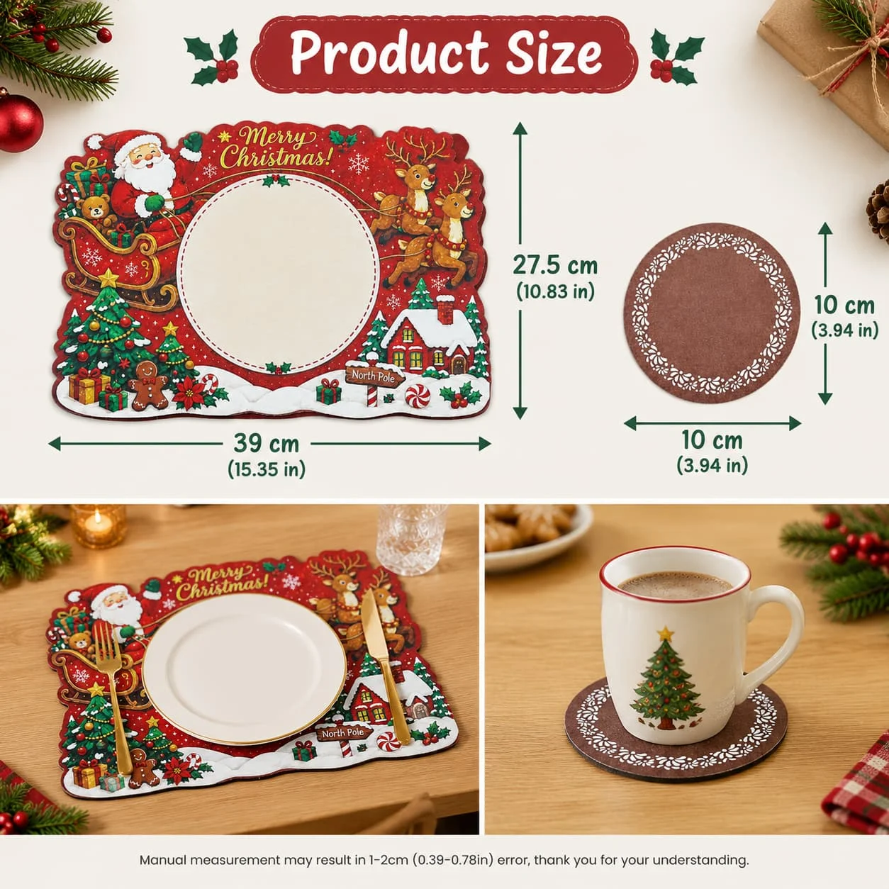16/32pcs Santa Claus sleigh shaped paper placemats coasters, Christmas family dinner holiday party desktop decorations