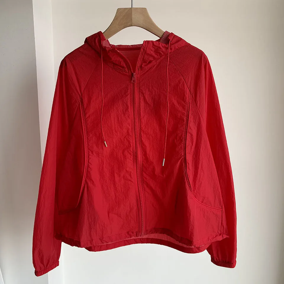 Spring/Summer New Hooded Sunscreen Jacket Korean Casual Fashion Simple Loose Solid Color Splicing Drawstring Women's Thin Coat