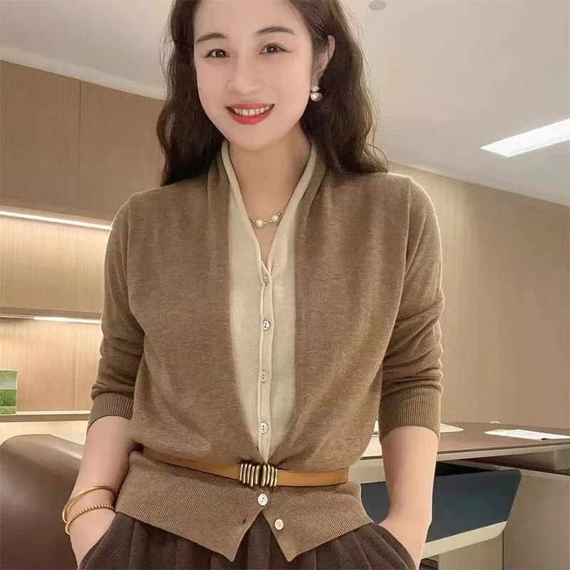 Spring Autumn New Fashion Women Sweater Casual Knit V-Neck Pure Wool Cardigan Warm Soft Slim Coat Two fake Pieces Belt Tops