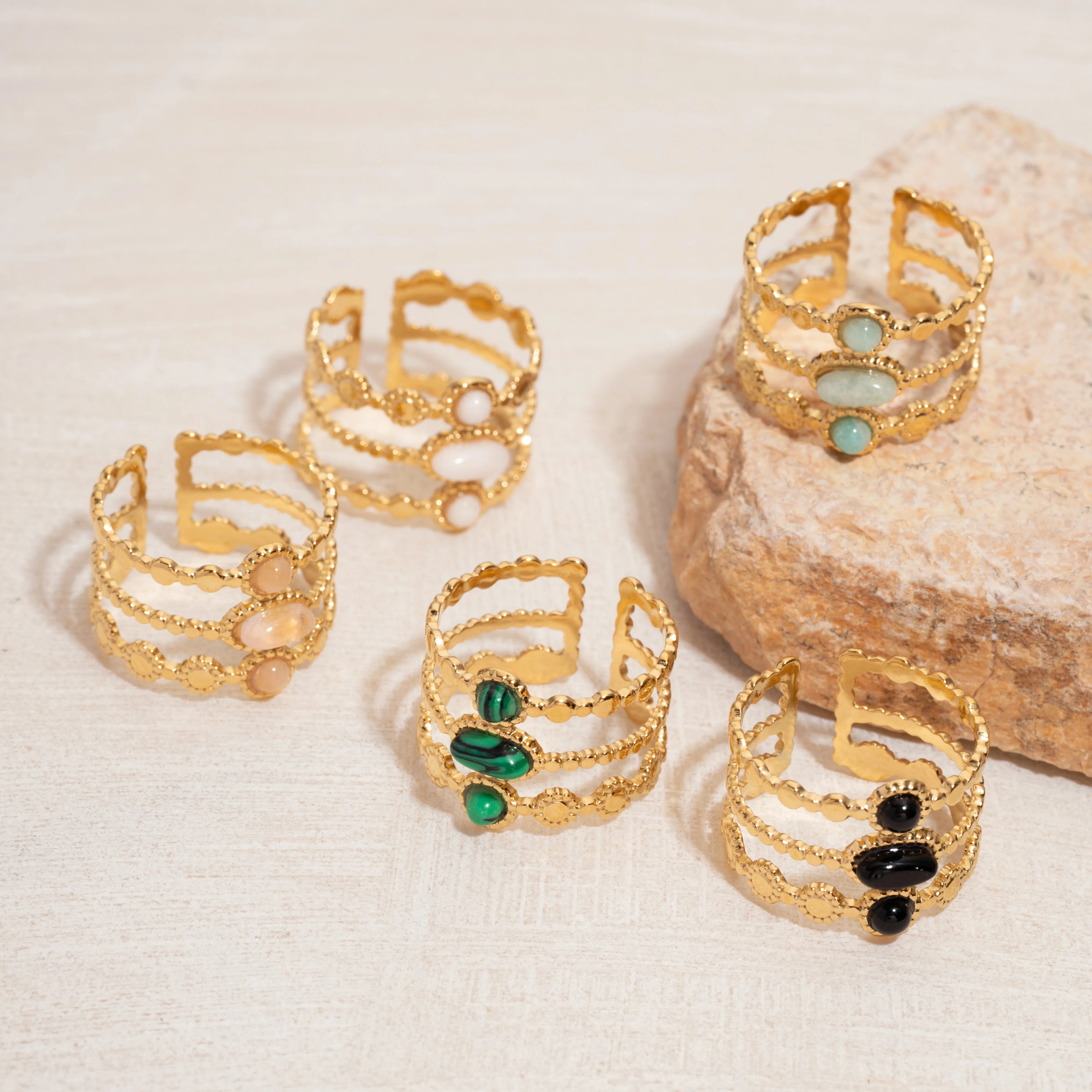 Bague émeraude en acier inoxydable pour femme, pierre naturelle, tendance atmosphérique rétro, ouverture réglable, matiques Boho