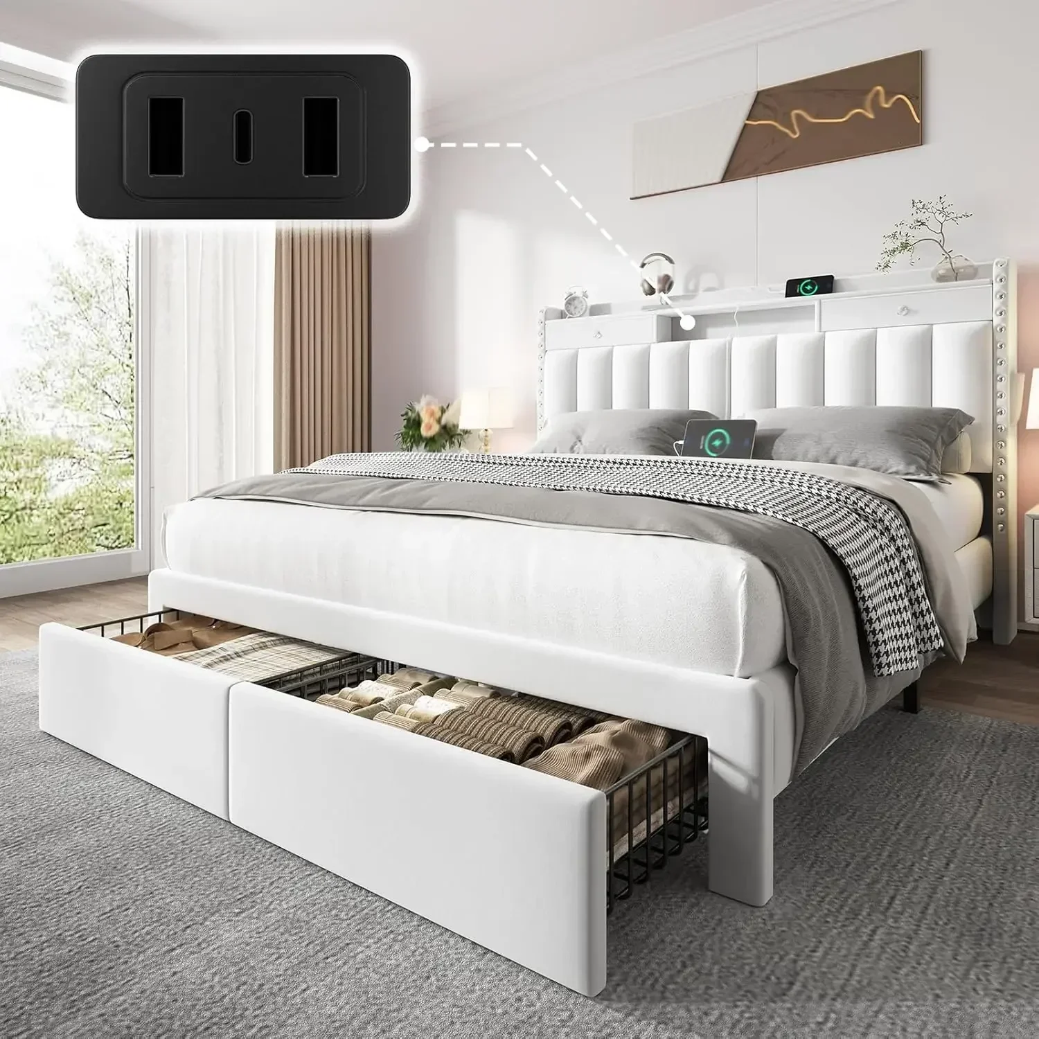 Activity priceFull Size Upholstered Platform Bed Frame Velvet Two Tier Storage Headboard Usb Type C Charging Ports Four Storage