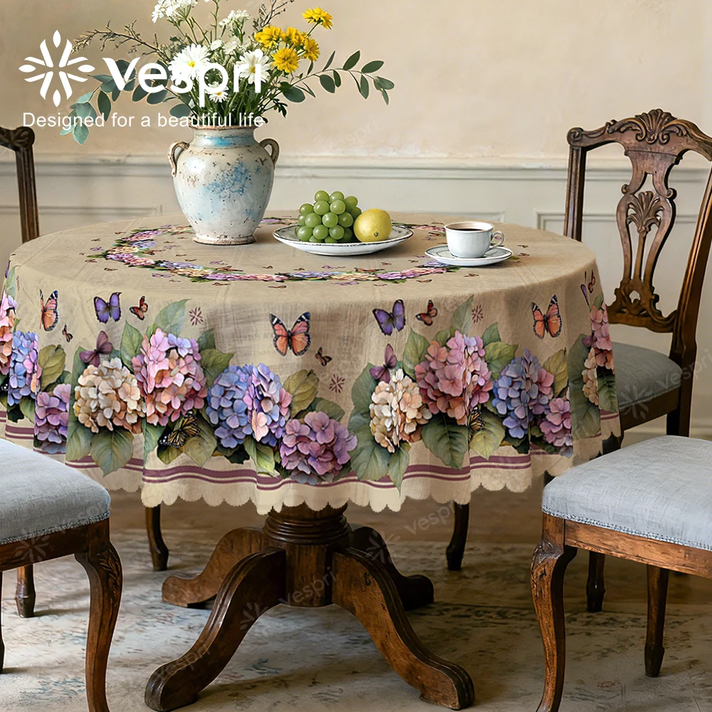 Vespri Spring Tablecloth Pastel Floral with Butterfly Hydrangea Print Round Rectangle Oval Polyester for Party Easter