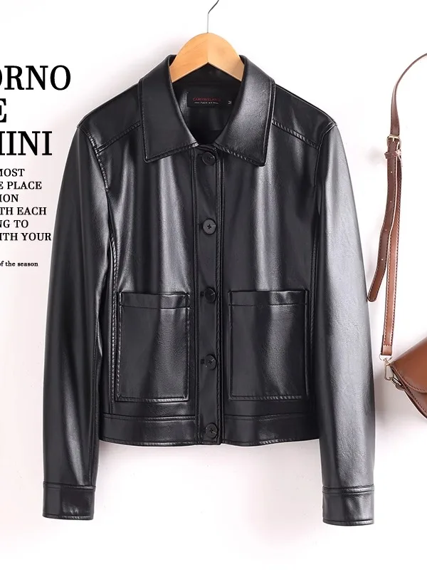 Skórzana kurtka motocyklowa damska, dopasowany krój, casualowa kurtka ze skóry bydlęcej, kołnierz w stylu brytyjskim, jesień 2025, modna odzież wierzchnia damska.